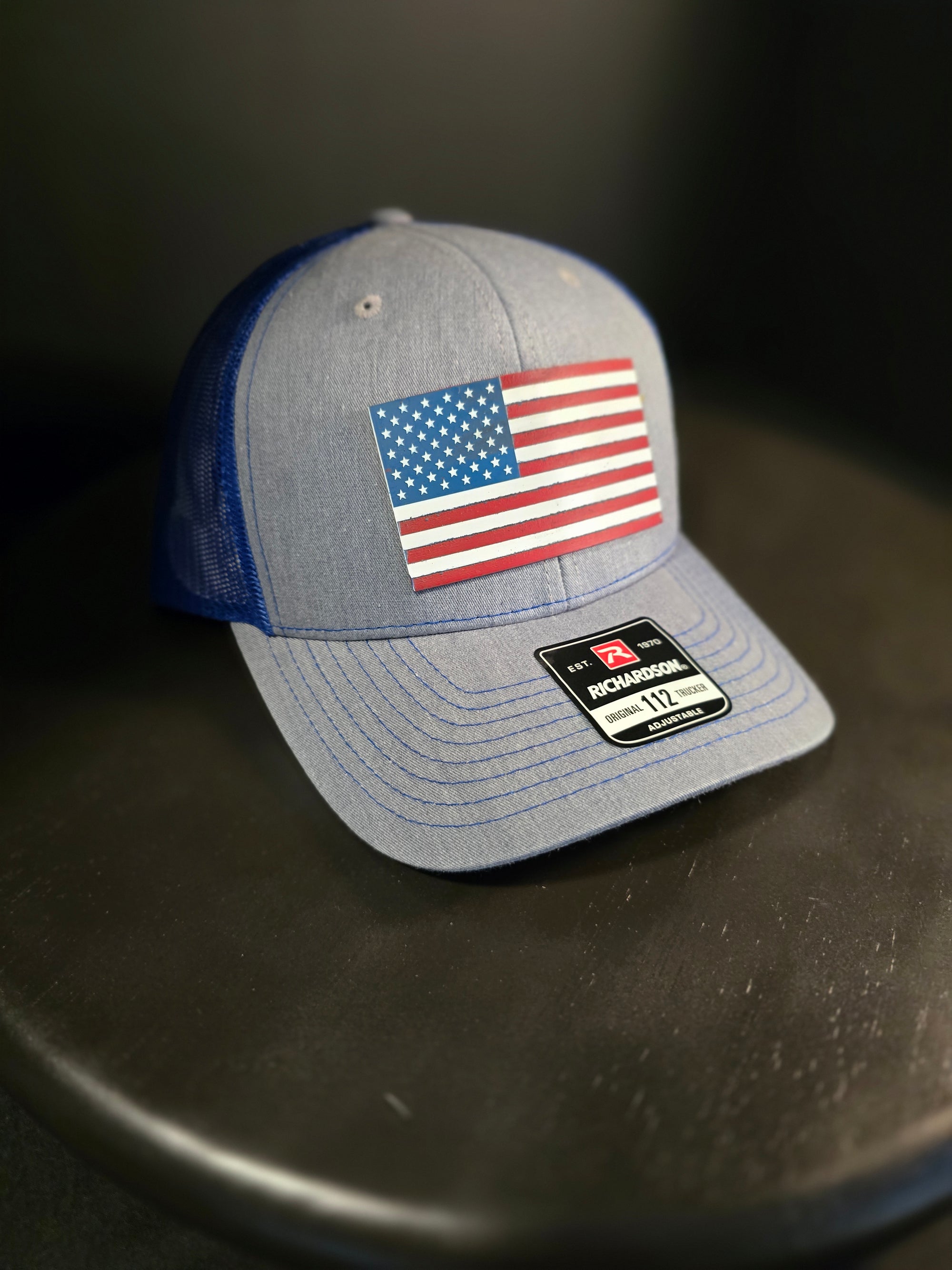 Richardson 112 Trucker American Flag Tri Layer Acrylic Patch Gray & Navy Blue Adjustable Hat