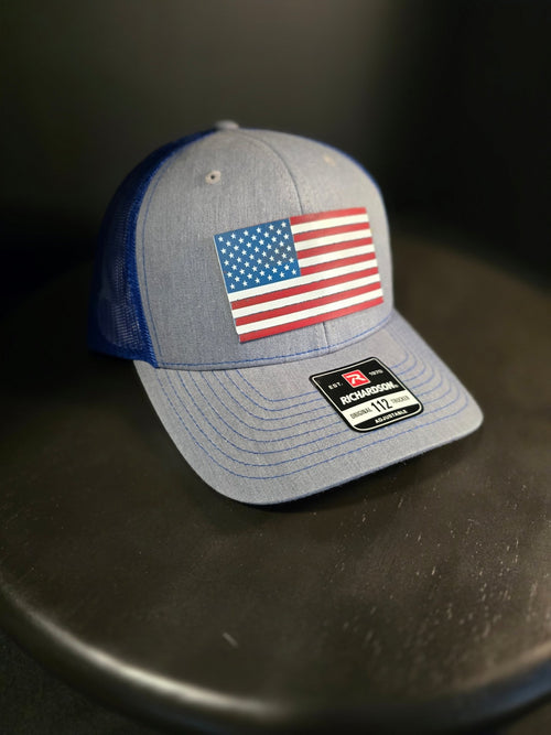Richardson 112 Trucker American Flag Tri Layer Acrylic Patch Gray & Navy Blue Adjustable Hat - Southern Craft Worx